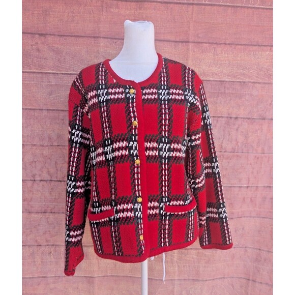 Plaid Cardigan Sweater Crystal Kobe Vintage Size S Ugly Christmas - Picture 1 of 8